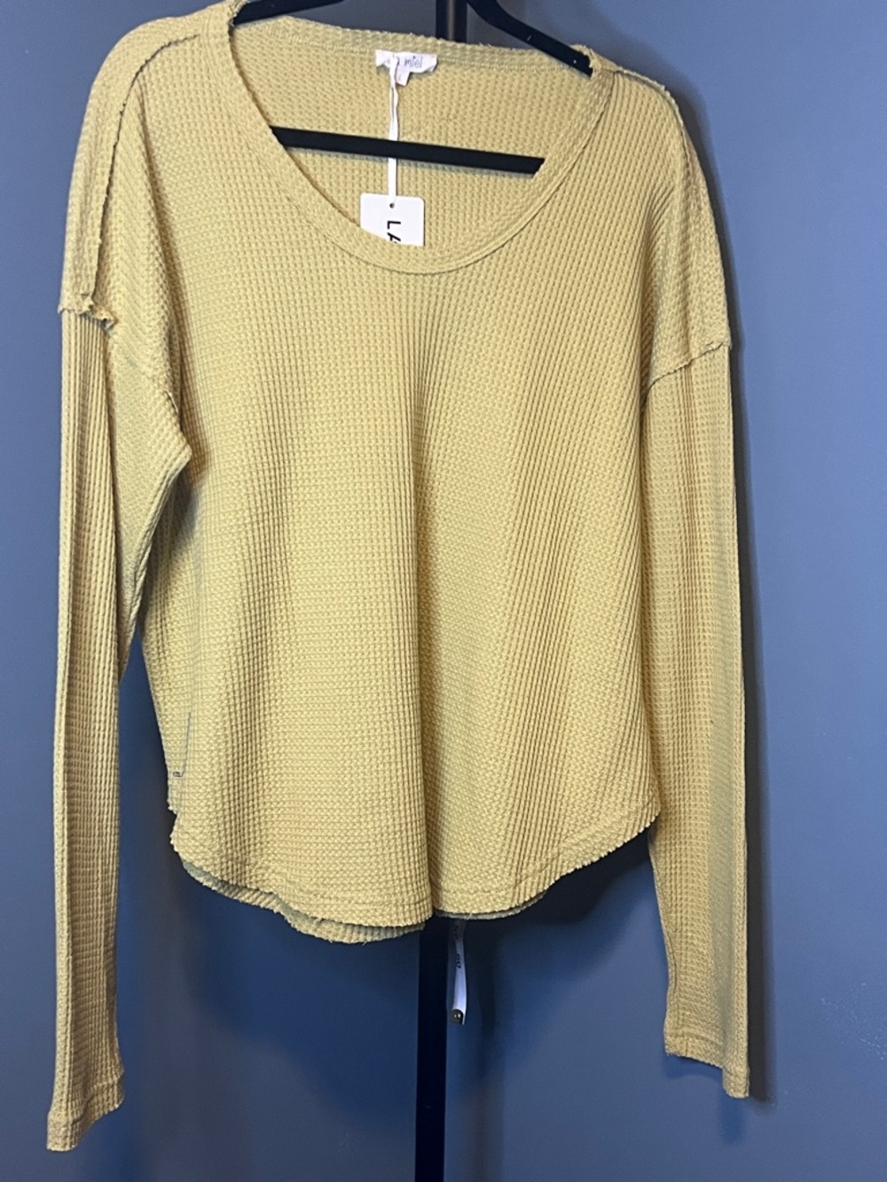 LA MIEL Long-Sleeve Waffle Knit Top in Mustard